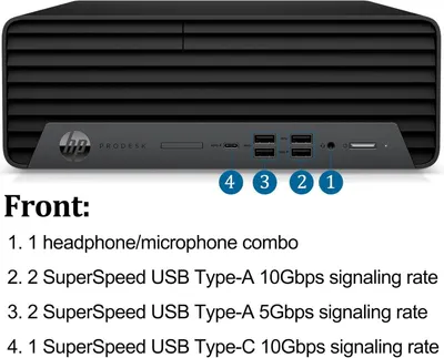 This image breaks down the front panel ports and connections of the HP ProDesk, helping shoppers understand the physical connectivity options available and their technical specifications.