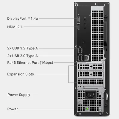 This image breaks down the rear panel of a computer or server by labeling all the physical ports, connectors, and components, helping shoppers understand the connectivity options and hardware layout.