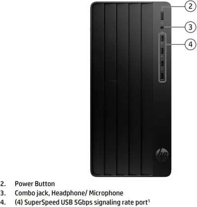This image breaks down the physical components and ports on the HP desktop computer to help shoppers understand the location and function of key hardware features.