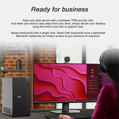 Communicates multiple business-ready features including hardware security, physical security options, and AI productivity tools to position the Dell desktop as a comprehensive solution for…