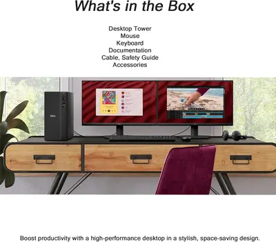 Shows the customer everything included in the purchase: desktop tower, mouse, keyboard, documentation, cables, safety guide, and accessories, providing clarity on the complete package. Communicates…