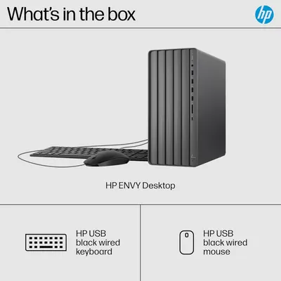 Shows the customer everything included in the box: the HP ENVY Desktop computer, a wired keyboard, and a wired mouse, providing clarity on what they will receive with their purchase.