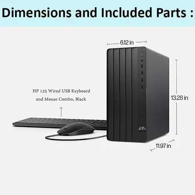 Communicates the exact physical dimensions of the desktop computer to help shoppers understand how much space it will occupy and ensure it fits their workspace. Shows the customer exactly what comes…