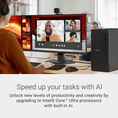 Communicates that the Dell computer system enhances productivity and creativity through AI-powered Intel Core Ultra processors, reassuring shoppers of improved performance for work tasks like video…