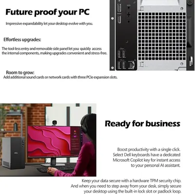 This image communicates multiple distinct benefits of the desktop PC including future-proof expandability, easy internal access, business productivity features, and security capabilities. It…