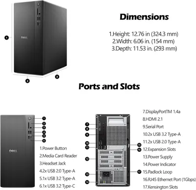 Provides exact physical dimensions of the desktop computer and detailed breakdown of all ports and slots to help shoppers understand the size and connectivity options of the product.