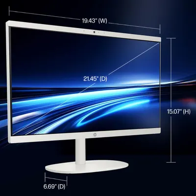 Communicates the exact physical dimensions of the monitor (width, height, diagonal screen size, and base depth) to help shoppers understand the product's size and ensure it fits their workspace.