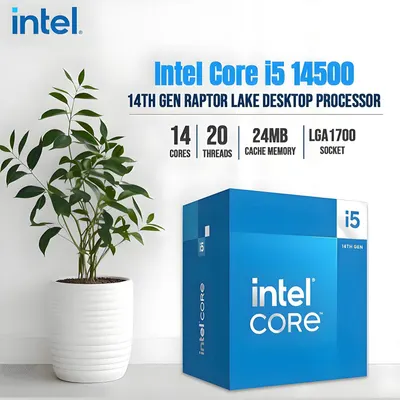 Communicates the key technical specifications of the Intel Core i5 14500 processor in a segmented layout to help shoppers understand its performance capabilities and compatibility.