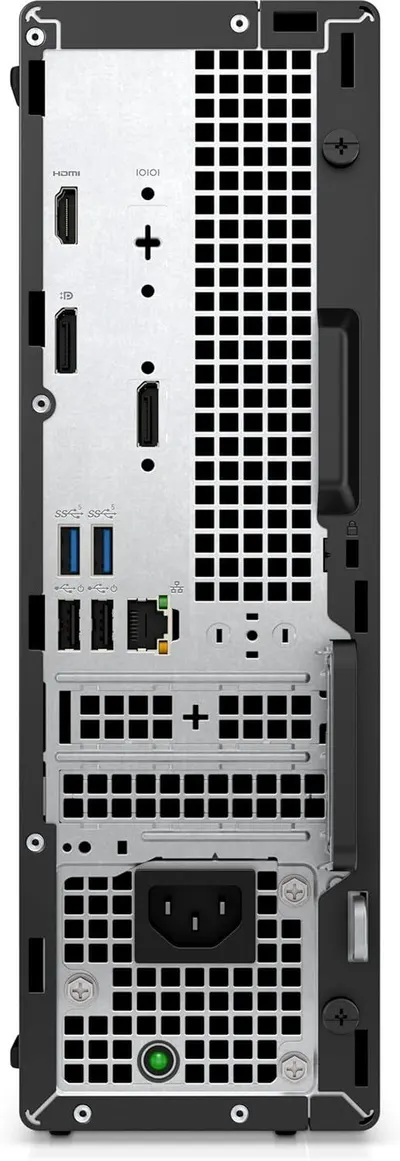 Shows the back panel layout of the device with all available ports and connections (HDMI, DisplayPort, USB, power) to help shoppers understand connectivity options and compatibility.