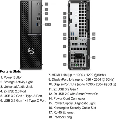 This image breaks down all the physical ports, slots, and components of the Dell computer to help shoppers understand the connectivity options and physical layout of the product.