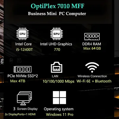Communicates the comprehensive technical specifications of the OptiPlex 7010 MFF Business Mini PC to help shoppers understand the full range of hardware capabilities and features in a single overview.