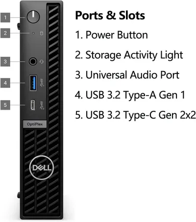 This image breaks down the physical components and ports on the Dell OptiPlex device, helping shoppers understand the location and function of each connection point and control.