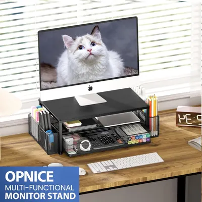 Demonstrates the monitor stand's multiple organizational features including storage compartments, drawers, and side organizers to show shoppers how it can declutter and organize their workspace…
