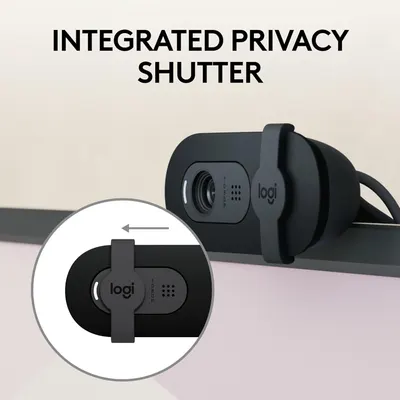 Highlights the physical privacy shutter component of the webcam, showing shoppers how the product protects their privacy with a built-in sliding cover over the camera lens. Communicates the key…
