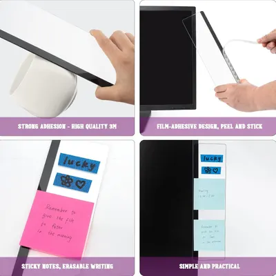 Demonstrates multiple distinct benefits of the screen protector or monitor accessory: strong 3M adhesive quality, peel-and-stick application, compatibility with sticky notes and erasable writing,…