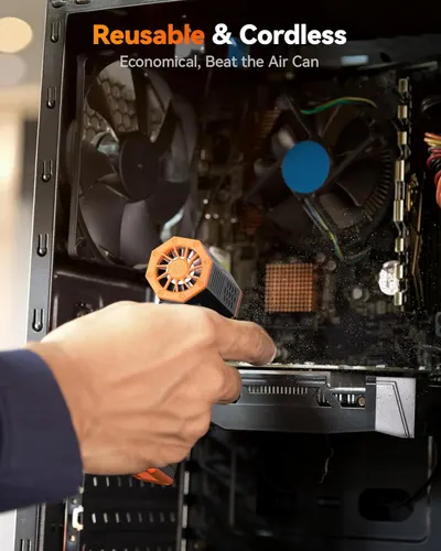 Highlights that the product is reusable and cordless, positioning it as an economical alternative to disposable air cans for cleaning computer components.