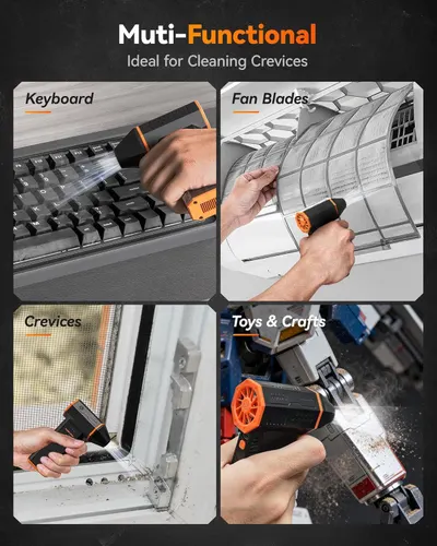 Demonstrates the product's versatility by showing multiple real-world cleaning applications (keyboard, fan blades, crevices, toys & crafts) to reassure shoppers it can handle various cleaning tasks.