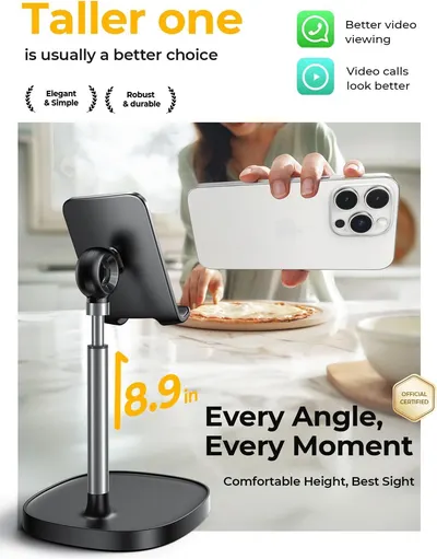 Communicates multiple distinct benefits of the phone stand including its optimal height for video viewing and calls, elegant and simple design, and robust durability to convince shoppers of its…