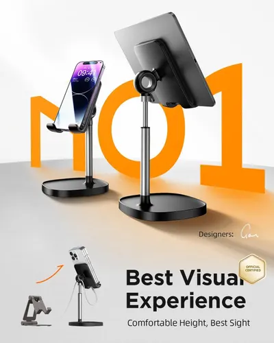 Demonstrates that the stand works with multiple device types (phones and tablets), showing versatility and broad compatibility to reassure shoppers it will work with their devices. Highlights the…