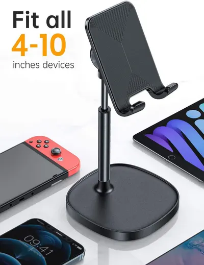 Demonstrates that the phone stand is compatible with multiple device types and sizes ranging from 4-10 inches, including smartphones, tablets, and gaming devices.
