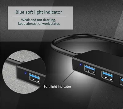 Highlights the blue soft light indicator feature that provides non-dazzling status visibility, helping users monitor the device's work status without distraction. Communicates the benefit of a…