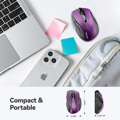 Communicates the physical dimensions of the mouse (4.09in x 2.68in x 1.49in) to help shoppers understand its compact, travel-friendly size and portability. Reinforces the key benefit that the mouse…