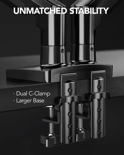 Highlights the physical structural components of the mounting system—specifically the dual C-clamp mechanism and larger base—to demonstrate how the product achieves unmatched stability. Communicates…