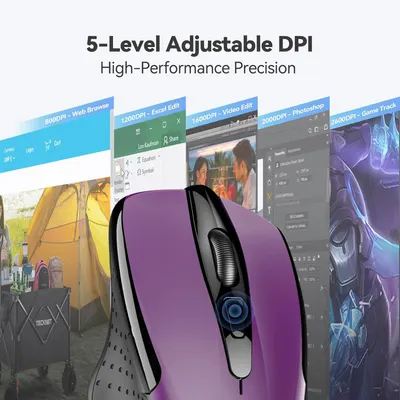 Demonstrates the mouse's versatility by showing five different DPI settings optimized for various applications (web browsing, Excel, video editing, Photoshop, and gaming), reassuring shoppers that…