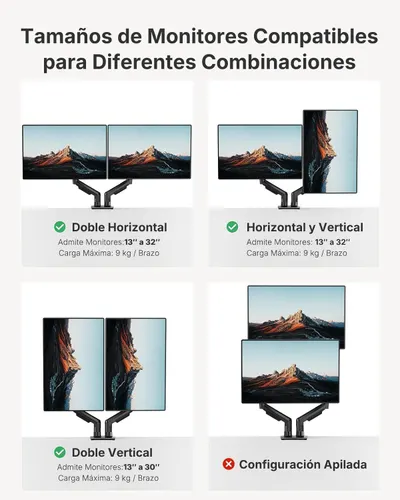 Demonstrates the different monitor configurations and orientations that the dual monitor arm supports, showing shoppers the versatility and compatibility of the product with various monitor sizes…