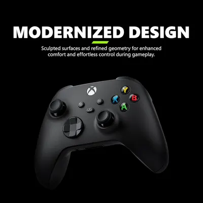 Highlights the controller's modernized ergonomic design with sculpted surfaces and refined geometry to communicate enhanced comfort and effortless control during gameplay.