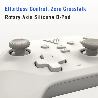 Communicates multiple technical benefits of the gaming controller's design, emphasizing precision control, no signal interference, and premium materials to appeal to serious gamers.