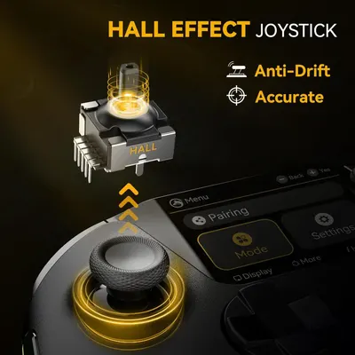 Explains the internal Hall Effect sensor technology that enables anti-drift and accurate joystick control, reassuring gamers about the product's precision and durability. Highlights two key benefits…