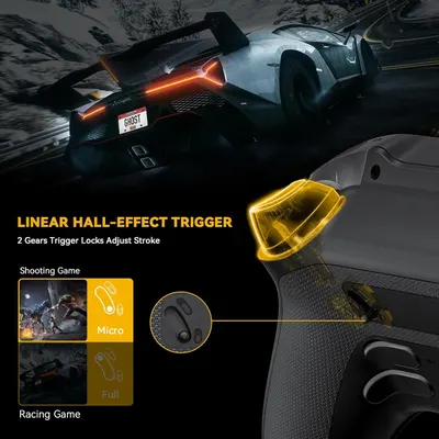 Highlights the technical trigger mechanism and its adjustable stroke feature, showing how the trigger works for different gaming scenarios (shooting vs racing). Demonstrates the product's…