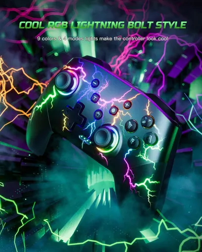 Highlights the gaming controller's cool RGB lighting feature with 9 colors and 4 modes to appeal to gamers looking for aesthetic customization and visual appeal.