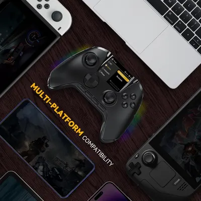 Demonstrates that the gaming controller works across multiple devices and platforms including PC, tablets, smartphones, and handheld gaming devices, reassuring shoppers of its versatility.