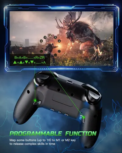 Highlights the controller's programmable button mapping feature (M1/M2 keys) that allows gamers to map up to 16 buttons for executing complex skills quickly, emphasizing competitive gaming advantage…