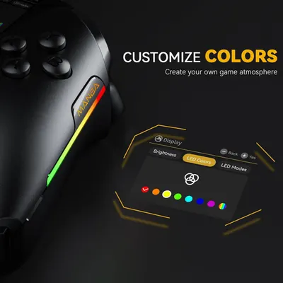 Highlights the product's customizable RGB LED lighting feature, allowing gamers to personalize their gaming controller's color scheme and create their desired gaming atmosphere.