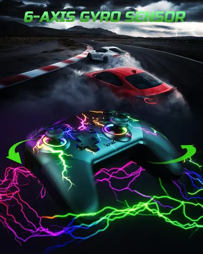 Highlights the gaming controller's advanced 6-axis gyro sensor technology to communicate precision control and immersive gaming experience, using a dramatic racing visual to demonstrate the…