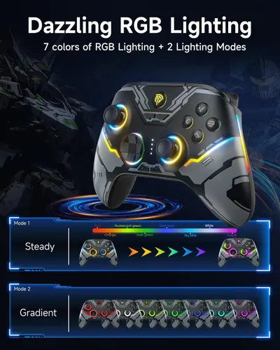 Highlights the gaming controller's customizable RGB lighting feature with 7 colors and 2 lighting modes (steady and gradient) to appeal to gamers seeking personalization and aesthetic appeal.