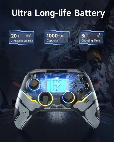Communicates the gaming controller's superior battery performance through three distinct metrics: 20 hours continuous use, 1000mAh capacity, and 3-hour charging time, reassuring gamers of extended…