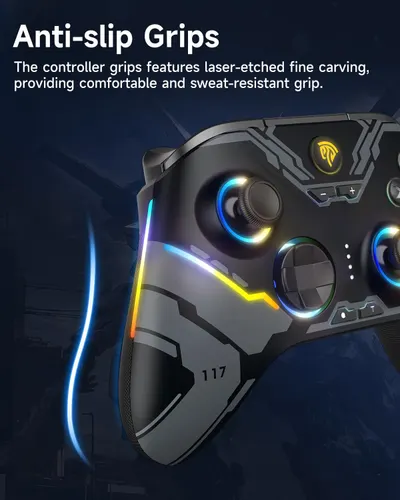 Highlights the controller's anti-slip grip feature with laser-etched carving to reassure gamers of comfortable, secure handling during extended play sessions.