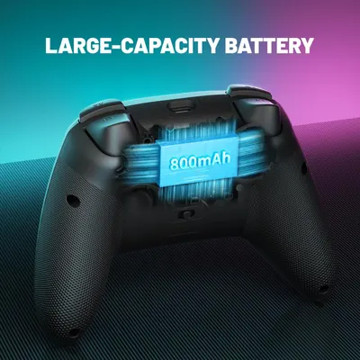 Highlights the large 800mAh battery capacity to reassure gamers of extended playtime and reduced charging frequency. Communicates the key benefit of extended gaming sessions without interruption due…