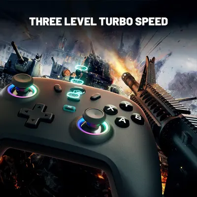 Highlights the gaming controller's three-level turbo speed feature to communicate enhanced gaming performance and customizable speed control for competitive advantage.