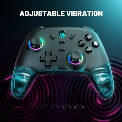 Communicates that the gaming controller offers customizable vibration intensity levels, enhancing the gaming experience with tactile feedback control.
