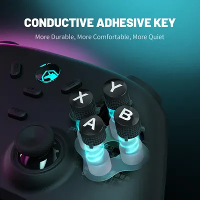 Highlights the internal conductive adhesive key mechanism of the gaming controller buttons to demonstrate the advanced technology that makes the buttons more durable, comfortable, and quiet.…