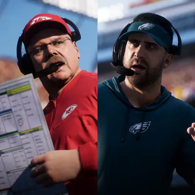 Highlights a competitive matchup between two NFL teams (Chiefs vs. Eagles) to create excitement and emphasize rivalry or game-day context.