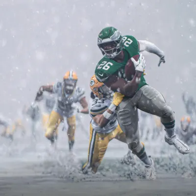 Showcases the product (football uniform/gear) in an authentic, dramatic game environment to create emotional connection and demonstrate real-world performance.
