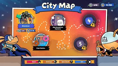 This is a screenshot from a video game showing a city map interface with various locations and progression indicators. It is not an Amazon product image.