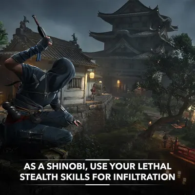 Communicates the core gameplay mechanic of playing as a shinobi with stealth and infiltration abilities, appealing to players interested in tactical, stealth-based action.