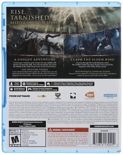 Communicates two distinct gameplay features: creating a custom character with powerful skills to face demigods, and journeying through the Lands Between to claim the Elden Ring and unravel its…